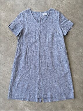 FOIL Linen Blend Shift Dress Woman 12 Gray Blue V Neck Pockets Langenlook Office